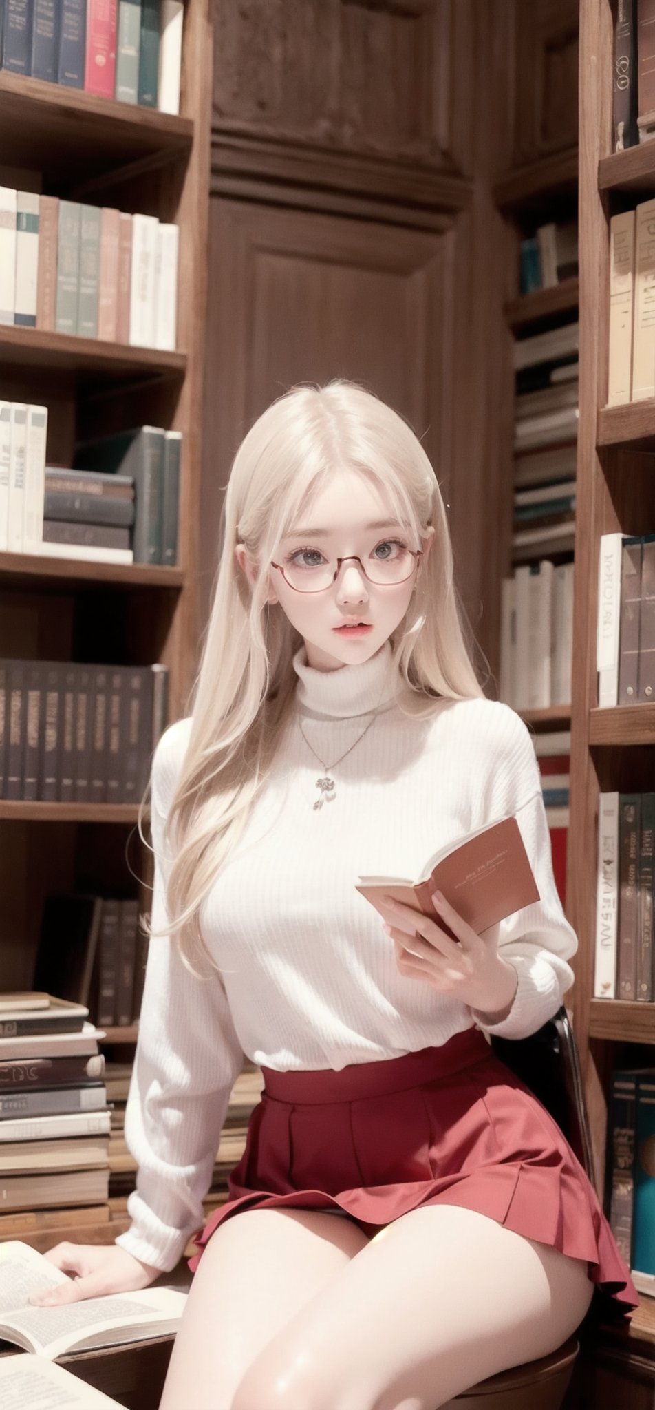 (score_9, score_8_up), score_7_up, head to hips view, tiny, slender, librarian sitting, reading a book in the dark corner of the library, eye_glasses, extra long blonde wavy hair, luxurious and voluminous, (dark red micro skirt:1.1), (white panties:1.1), pov,