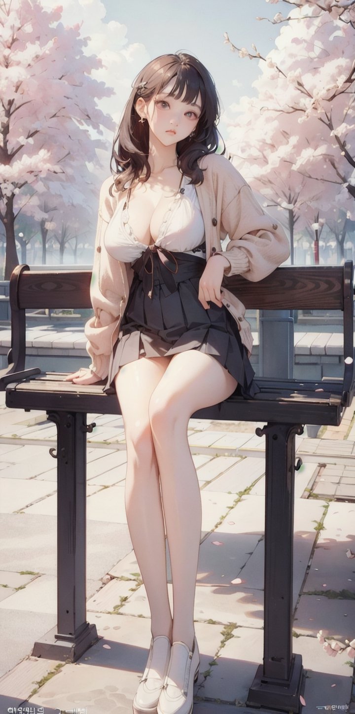 ((RAW photo:1.2)), white blouse, pink pleats Skirt, white shoes, red cardigan, open button, earrings, hime cut, collarbone, sitting the bench, a walk in the park, sakura, cherry blossom, real art, (masterpiece), (best quality), highres, korea girl, 8k, (realistic, photo-realistic:1.4), (korean idol:1.2), ((beauty 19 year old)), naturalness, ultra detailed, physically-based rendering, beauty, detailed beautiful eyes and detailed face, large breasts, delicate facial features, Blunt bangs, mixed American Korean actress, sexy Korean female idol-type face, natural and detailed Handsome beauty doll face, ((Peaceless beauty face: 1.2)), an expressionless face, 19yo, Glamor body type, flim grain, perfect dynamic composition, beautiful detailed eyes, asian girl, (big breasts:1.3), (long legs:1.9), FilmGirl, (Clean makeup), (Clean facial skin:1.2), big breast, big windows,