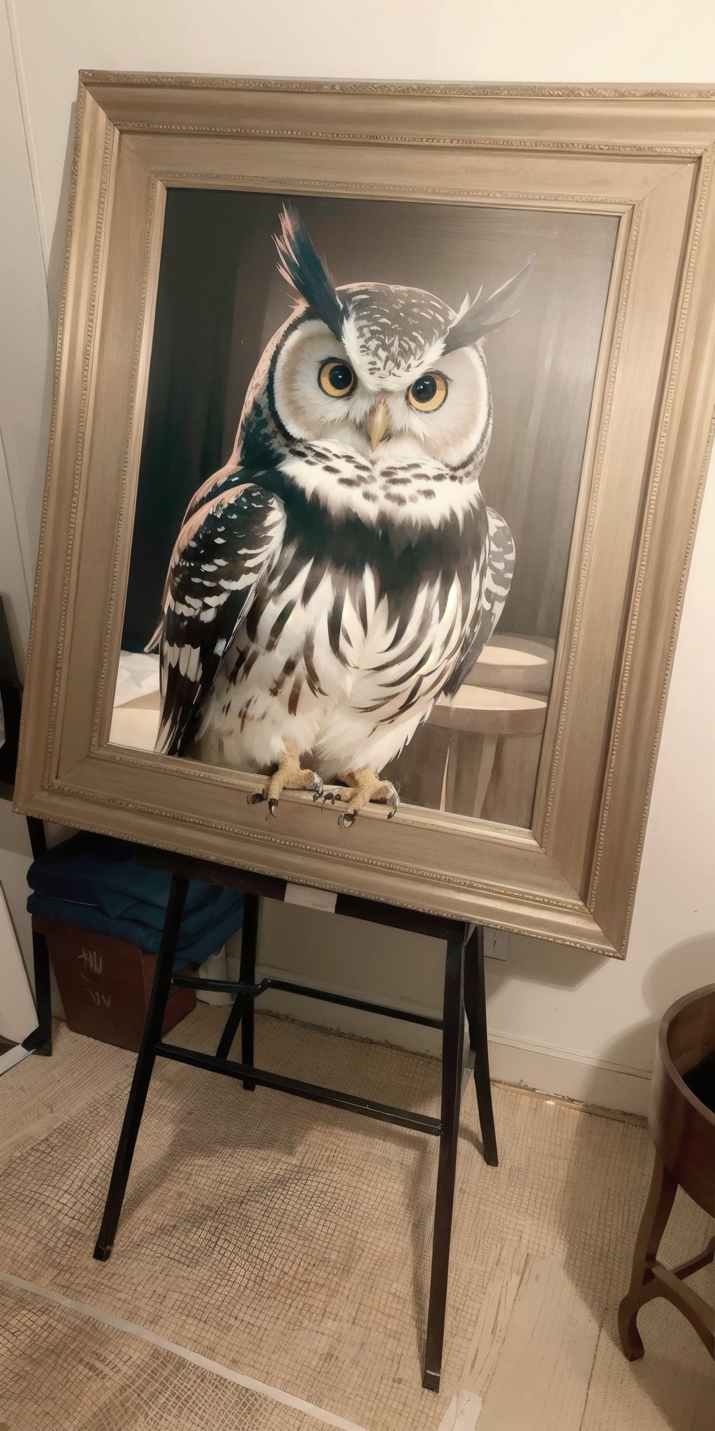 sepia color, myths of another world,Nostalogic atmosphere, pagan style graffiti art, Inside the secondhand store, framed paintings, furniture, pots, and a proud owl. watercolor \(medium\),