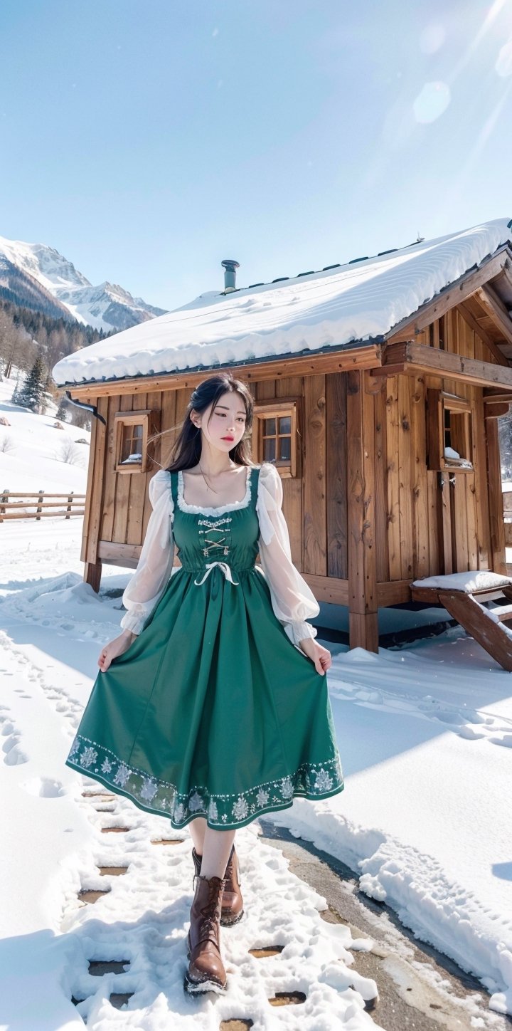 1girl, alpine meadow, early spring, wearing a traditional dirndl, melting snow, budding flowers, mountain backdrop, wooden chalet, crisp air, vibrant meadows, folklore charm, detailed embroidery, clear blue sky, refreshing tranquility, (Masterpiece, Photorealistic, 8K resolution, Ultra High Quality, Incredibly Detailed, Cinematic lighting, Perfect anatomy, RAW),