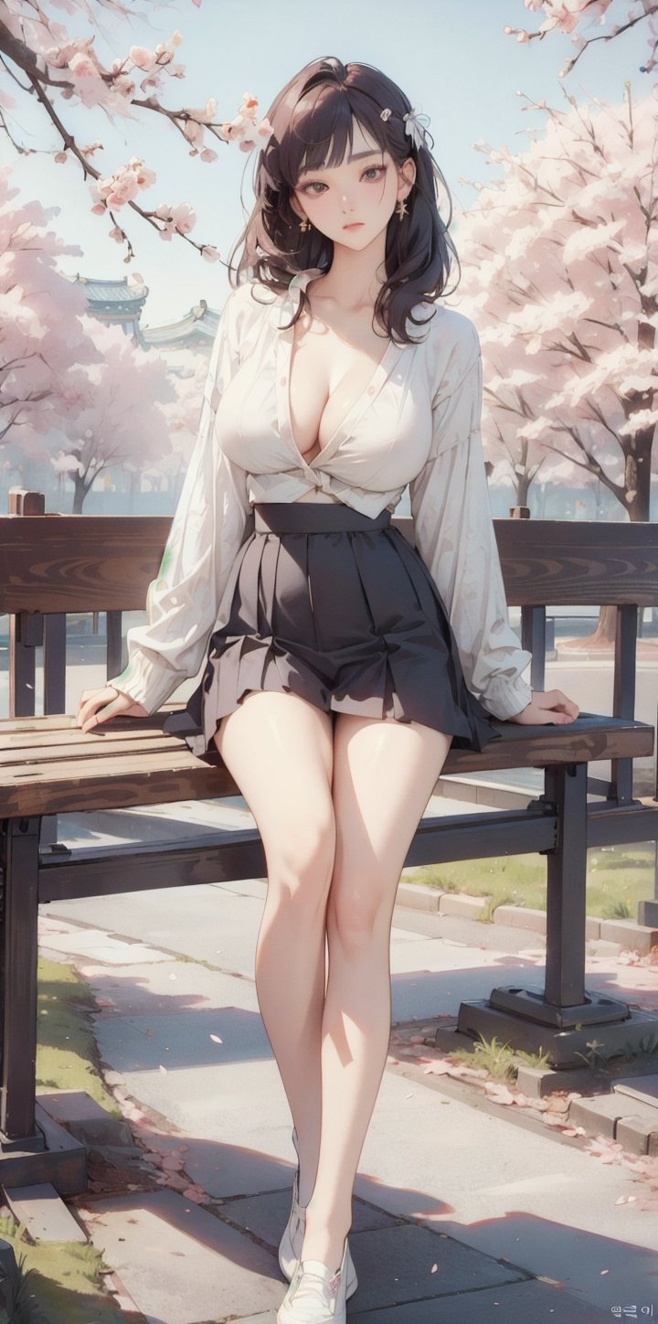 ((RAW photo:1.2)), white blouse, pink pleats Skirt, white shoes, red cardigan, open button, earrings, hime cut, collarbone, sitting the bench, a walk in the park, sakura, cherry blossom, real art, (masterpiece), (best quality), highres, korea girl, 8k, (realistic, photo-realistic:1.4), (korean idol:1.2), ((beauty 19 year old)), naturalness, ultra detailed, physically-based rendering, beauty, detailed beautiful eyes and detailed face, large breasts, delicate facial features, Blunt bangs, mixed American Korean actress, sexy Korean female idol-type face, natural and detailed Handsome beauty doll face, ((Peaceless beauty face: 1.2)), an expressionless face, 19yo, Glamor body type, flim grain, perfect dynamic composition, beautiful detailed eyes, asian girl, (big breasts:1.3), (long legs:1.9), FilmGirl, (Clean makeup), (Clean facial skin:1.2), big breast, big windows,