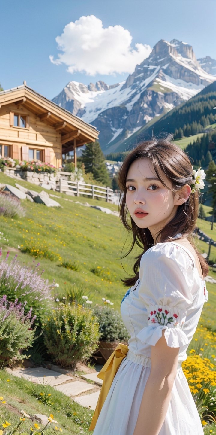 1girl, alpine meadow, early spring, wearing a traditional dirndl, melting snow, budding flowers, mountain backdrop, wooden chalet, crisp air, vibrant meadows, folklore charm, detailed embroidery, clear blue sky, refreshing tranquility, (Masterpiece, Photorealistic, 8K resolution, Ultra High Quality, Incredibly Detailed, Cinematic lighting, Perfect anatomy, RAW),