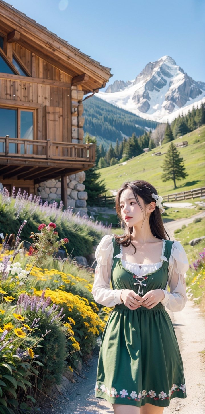 1girl, alpine meadow, early spring, wearing a traditional dirndl, melting snow, budding flowers, mountain backdrop, wooden chalet, crisp air, vibrant meadows, folklore charm, detailed embroidery, clear blue sky, refreshing tranquility, (Masterpiece, Photorealistic, 8K resolution, Ultra High Quality, Incredibly Detailed, Cinematic lighting, Perfect anatomy, RAW),