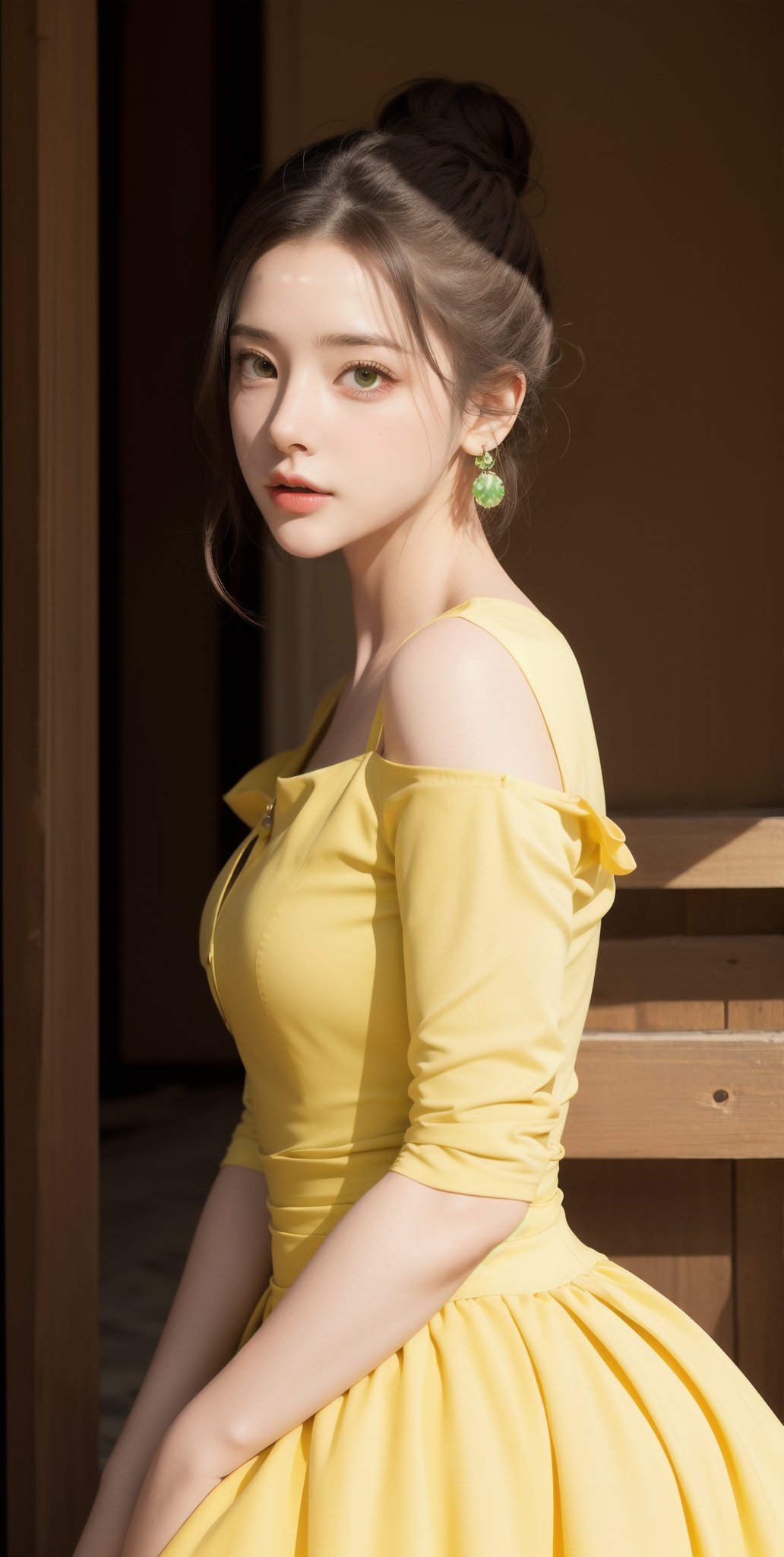 (Masterpiece:1.1), (Photorealistic:1.1), (8K resolution:1.1), (Ultra High Quality, Incredibly Detailed, Perfect anatomy, RAW), 1girl, hair bun, medieval mood, green earrings, yellow dress, 