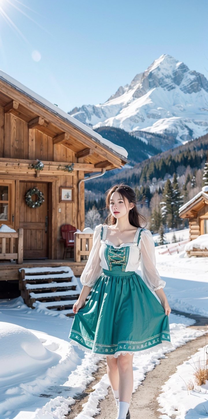 1girl, alpine meadow, early spring, wearing a traditional dirndl, melting snow, budding flowers, mountain backdrop, wooden chalet, crisp air, vibrant meadows, folklore charm, detailed embroidery, clear blue sky, refreshing tranquility, (Masterpiece, Photorealistic, 8K resolution, Ultra High Quality, Incredibly Detailed, Cinematic lighting, Perfect anatomy, RAW),