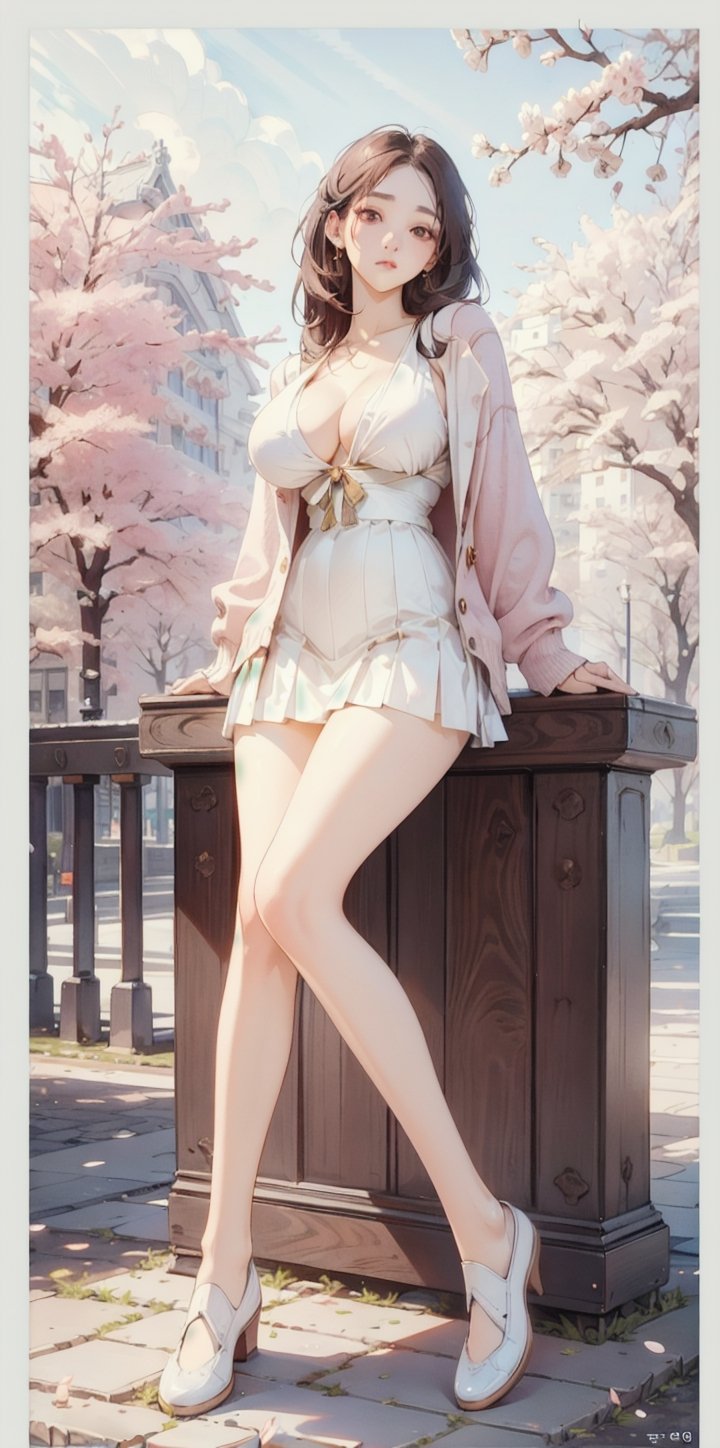 ((RAW photo:1.2)), white blouse, pink pleats Skirt, white shoes, red cardigan, open button, earrings, hime cut, collarbone, sitting the bench, a walk in the park, sakura, cherry blossom, real art, (masterpiece), (best quality), highres, korea girl, 8k, (realistic, photo-realistic:1.4), (korean idol:1.2), ((beauty 19 year old)), naturalness, ultra detailed, physically-based rendering, beauty, detailed beautiful eyes and detailed face, large breasts, delicate facial features, Blunt bangs, mixed American Korean actress, sexy Korean female idol-type face, natural and detailed Handsome beauty doll face, ((Peaceless beauty face: 1.2)), an expressionless face, 19yo, Glamor body type, flim grain, perfect dynamic composition, beautiful detailed eyes, asian girl, (big breasts:1.3), (long legs:1.9), FilmGirl, (Clean makeup), (Clean facial skin:1.2), big breast, big windows,