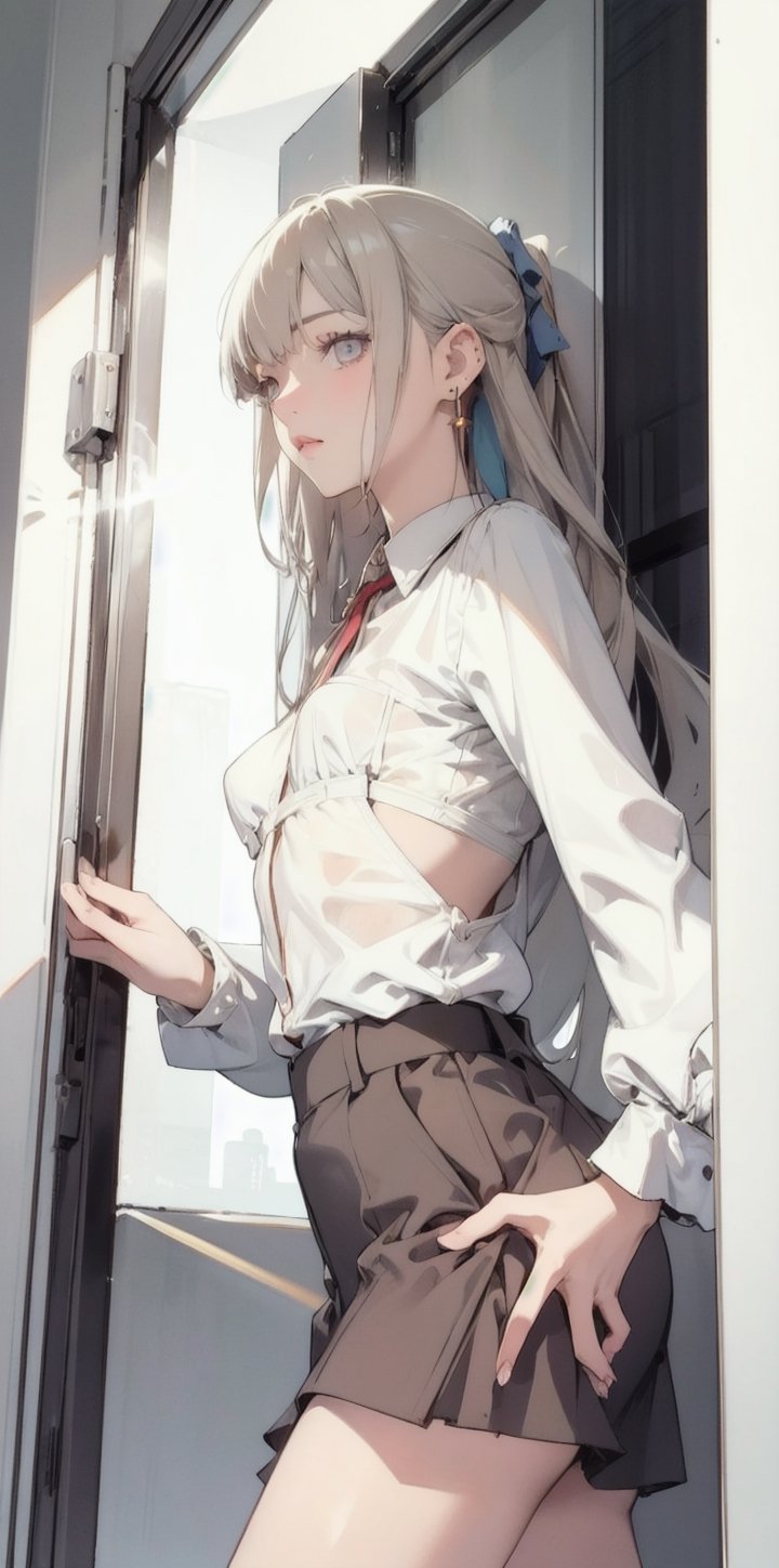 a girl in the office, 22 years old, plant, window, Sexy photo, ((best quality)), ((intricate details)), ((surreal)), H, milf, view, Very detailed, illustration, 1 girl, ((small breasts)), perfect hands, Detailed fingers, Beautiful and delicate eyes, long hair, brown eyes,slim legs, (business attire:1.2), open office shirt, tight skirt, black collar, earrings, , Detailed background, bedroom, perfect eyes, Seductive eyes, looking at the audience, from below,line anime,High detailed