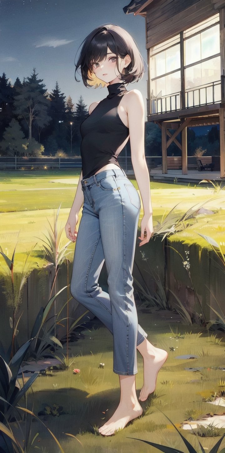 [1girl:4], [mature female:4], [pale skin:4], [short hair:4], [black hair:4], [small breast:4], [black shirt:4], [turtleneck:4], [sleeveless turtleneck:4], [bare shoulder:4], [blue jean:4], [long pants:4], [bare feet:4], night, [grass field:1], masterpiece, best quality, ultra detailed, highres 