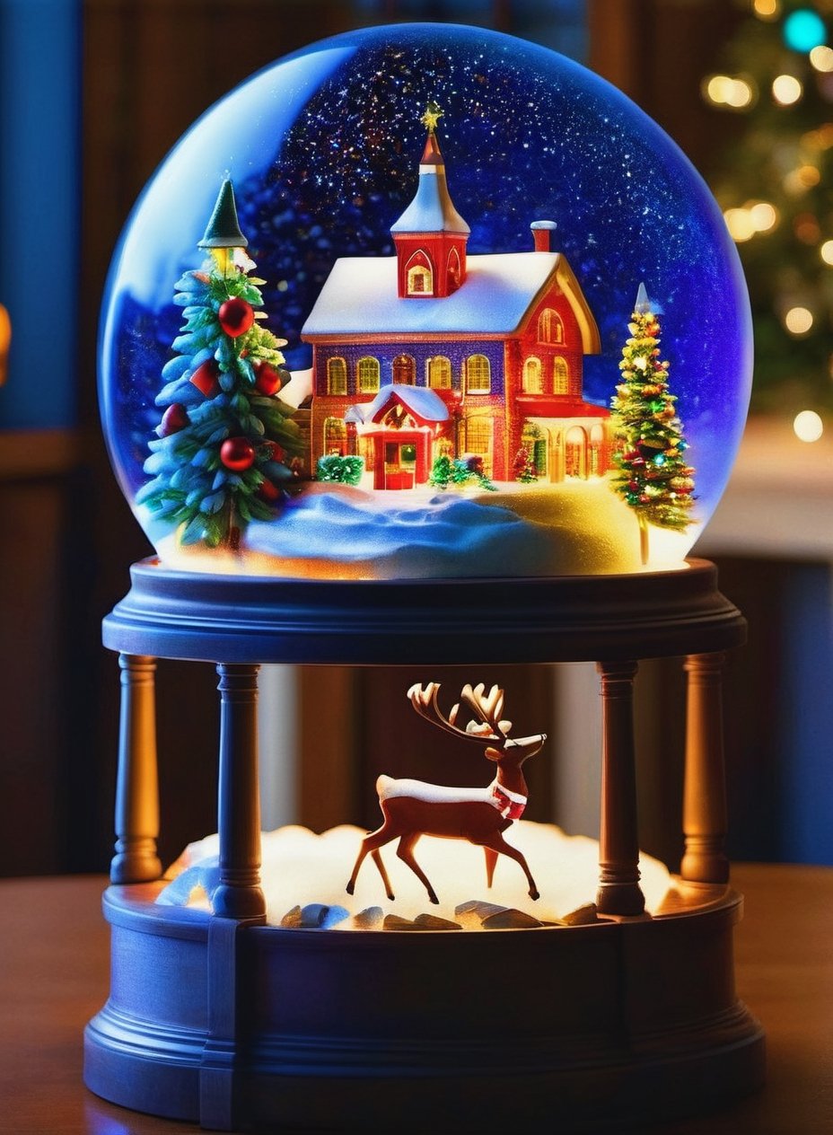 Intricate detailed, Cinematic composition, 8K, sharp focus, distinct_image, delicate and aesthetic, UHD, RAW, REAL WORLD, REALISTIC, Cinematic light, Ray_tracing, concept art, high quality,  (cell shading:1.2), snowglobe, snow globe, rudolph, glowing particles, snow flakes, photos implemented background,Snowglobe,more detail XL, warm lighting, santa, girl, gifts, cathedrals, LED Lights, "Merry Christmas" letters, Glowing Hearts, whole town inside the globe, 