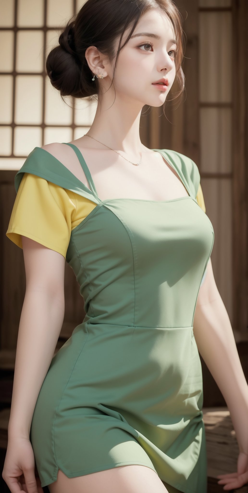 (Masterpiece:1.1), (Photorealistic:1.1), (8K resolution:1.1), (Ultra High Quality, Incredibly Detailed, Perfect anatomy, RAW), 1girl, hair bun, medieval mood, green earrings, yellow dress, 