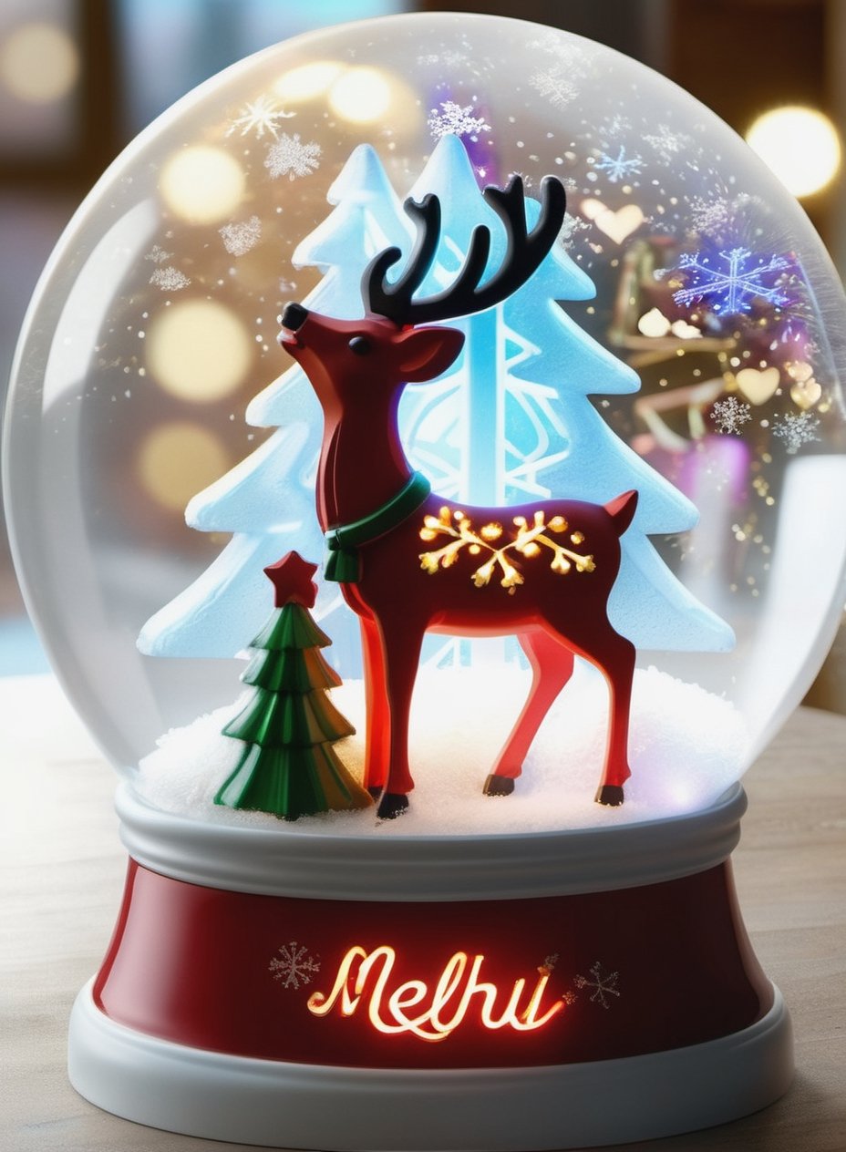 Intricate detailed, Cinematic composition, 8K, sharp focus, distinct_image, delicate and aesthetic, UHD, RAW, REAL WORLD, REALISTIC, Cinematic light, Ray_tracing, concept art, high quality,  (cell shading:1.2), snowglobe, snow globe, rudolph, glowing particles, snow flakes, simple background,Snowglobe,more detail XL, warm lighting, santa, girl, gifts, cathedrals, LED Lights, "Merry Christmas" letters, Glowing Hearts, 