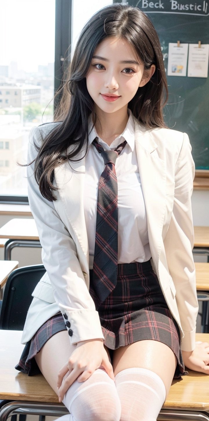 (masterpiece), (best quality),(ultra-detailed),(illustration),(extremely detailed),(perfect anatomy),(super detailed skin),(detailed),(beautiful detailed eyes),1girl,solo,black hair,long hair,curly hair,black eyes,big breasts,(plaid skirt),skirt,(school uniform), (white shirt),(brown blazer:1.1),partially unbuttoned,thighhighs, (plaid necktie), curvy, sitting, (knee up:1.1),foot out of frame, eyebrows, sideways glance, light smile, school, classroom