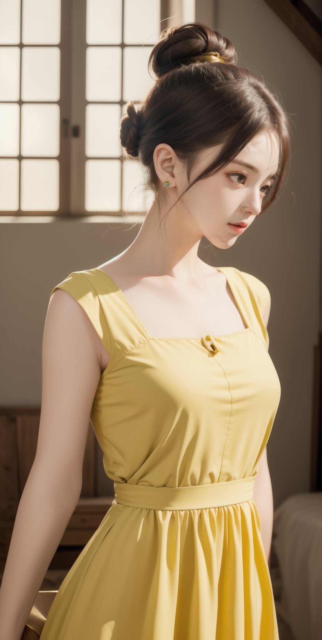 (Masterpiece:1.1), (Photorealistic:1.1), (8K resolution:1.1), (Ultra High Quality, Incredibly Detailed, Perfect anatomy, RAW), 1girl, hair bun, medieval mood, green earrings, yellow dress, 