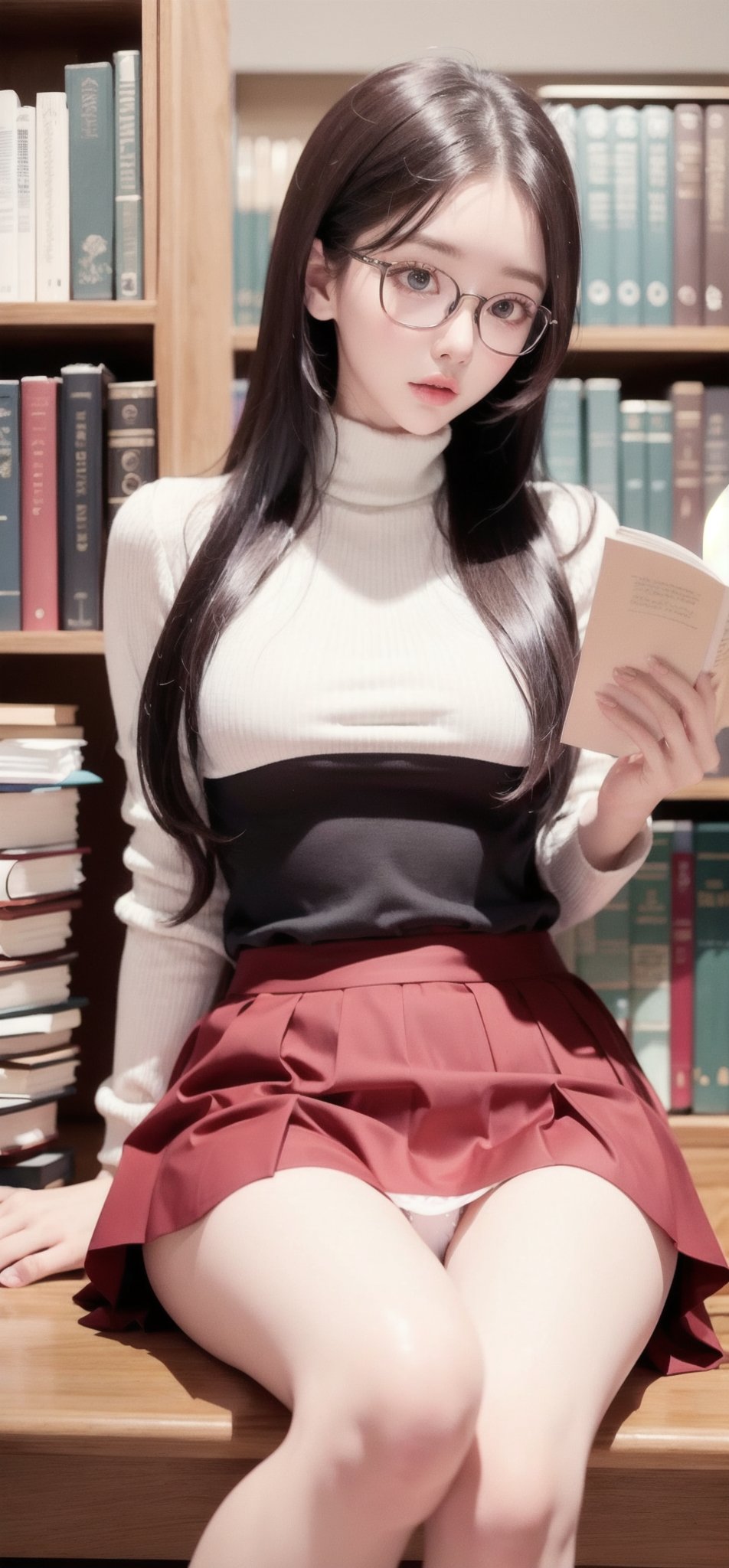 (score_9, score_8_up), score_7_up, head to hips view, tiny, slender, librarian sitting, reading a book in the dark corner of the library, eye_glasses, extra long blonde wavy hair, luxurious and voluminous, (dark red micro skirt:1.1), (white panties:1.1), pov,
