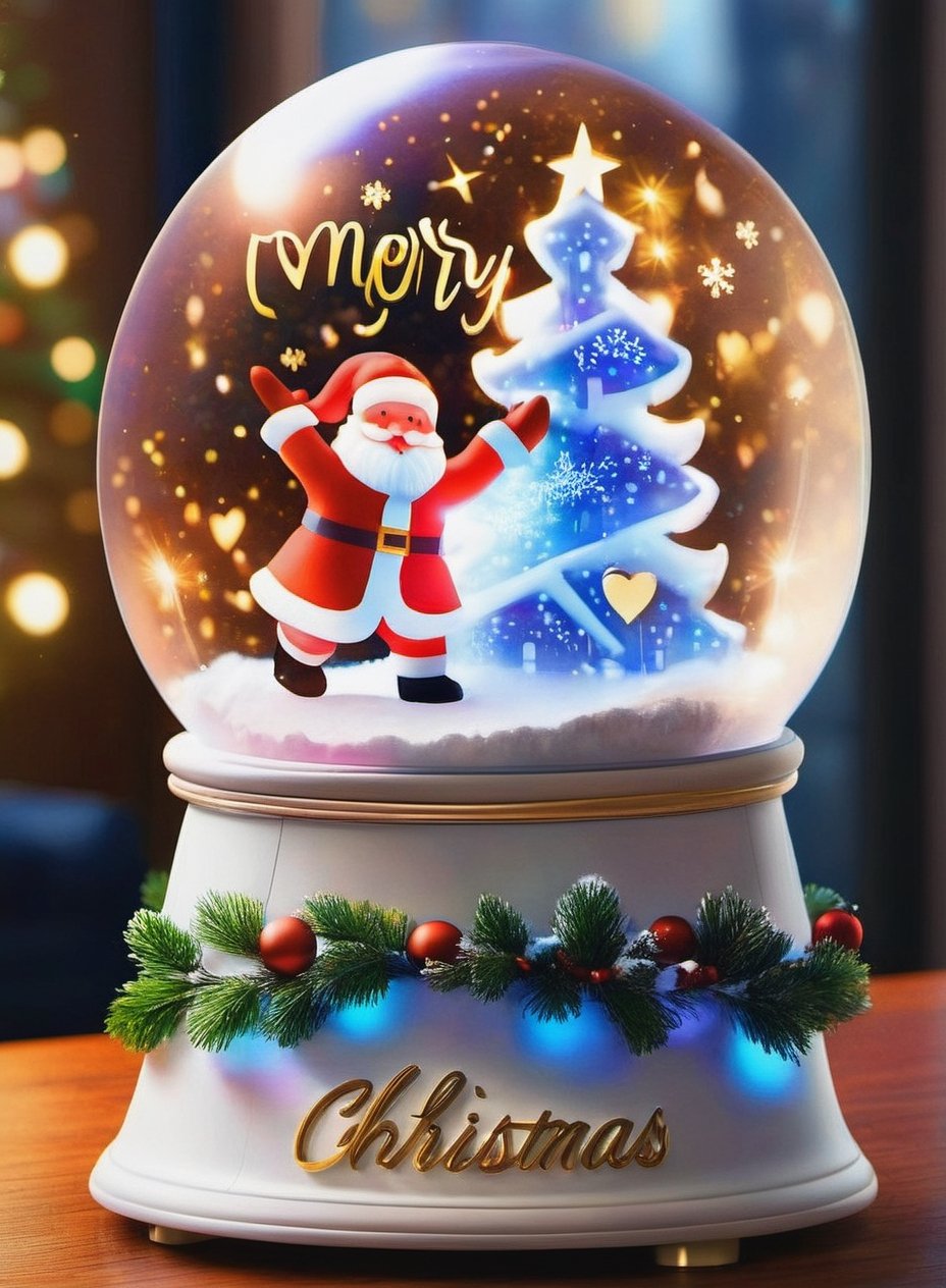 Intricate detailed, Cinematic composition, 8K, sharp focus, distinct_image, delicate and aesthetic, UHD, RAW, REAL WORLD, REALISTIC, Cinematic light, Ray_tracing, concept art, high quality,  (cell shading:1.2), snowglobe, snow globe, rudolph, glowing particles, snow flakes, photos implemented background,Snowglobe,more detail XL, warm lighting, santa, girl, gifts, cathedrals, LED Lights, "Merry Christmas" letters, Glowing Hearts, 