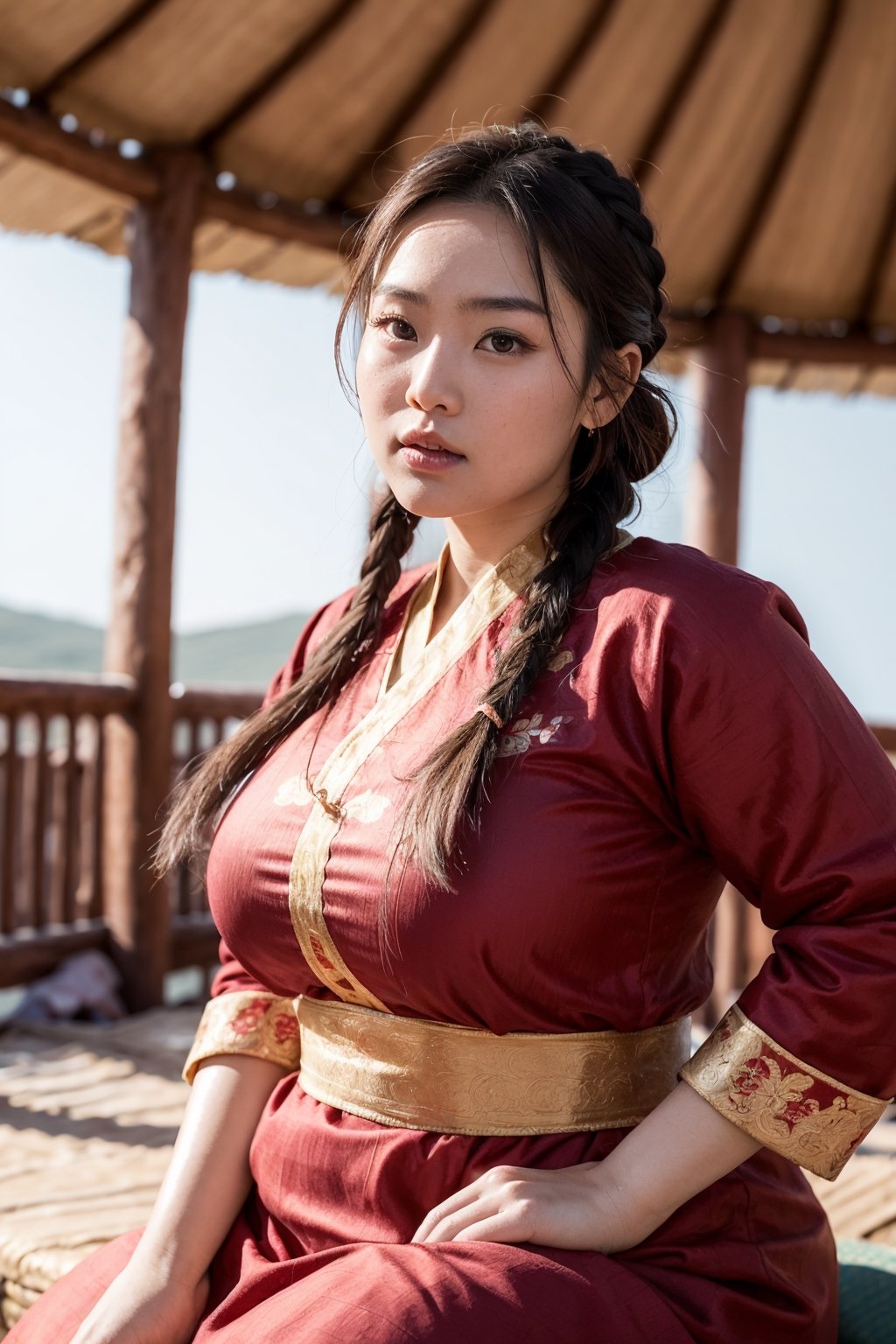 a beautiful traditional ancient portrait of a young attractive asian woman, high resolution image, fair skin, (twin black braided hair), round face, (red rosy cheeks), chubby, plump, female model wearing (traditional mongolian clothing), big breasts, thick arms, female model with a relaxed pose, many mongolian yurts in the steppes, Detailedface,realhands,More Detail,perfect,Extremely Realistic