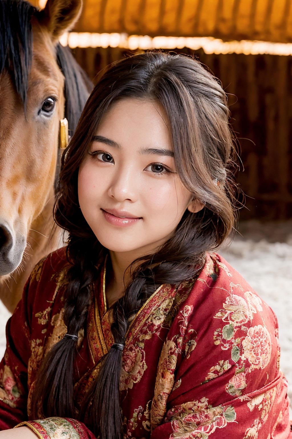 a beautiful portrait of an attractive asian woman, high resolution image, fair skin, (twin black braided hair), round face, (red rosy cheeks), chubby, plump, female model wearing (traditional tibetan clothing), big breasts, thick arms, female model with a relaxed pose, many mongolian yurts in background, next to a horse in the steppes, female model with a warm smile, female model surrounded by warm lighting,Detailedface,realhands,More Detail