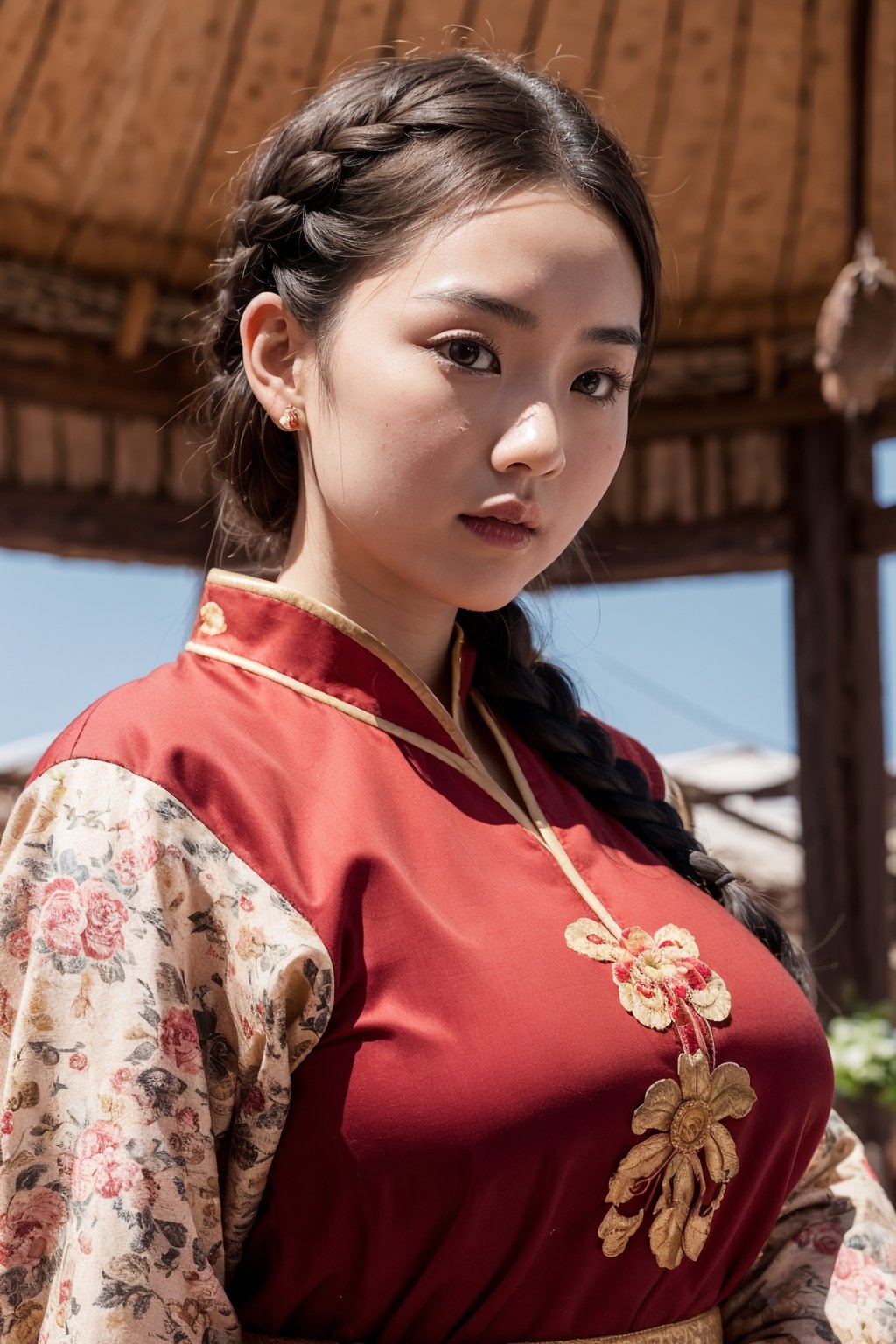 a beautiful traditional ancient portrait of a young attractive asian woman, high resolution image, fair skin, (twin black braided hair), round face, (red rosy cheeks), chubby, plump, female model wearing (traditional mongolian clothing), big breasts, thick arms, female model with a relaxed pose, many mongolian yurts in the steppes, Detailedface,realhands,More Detail,perfect,Extremely Realistic