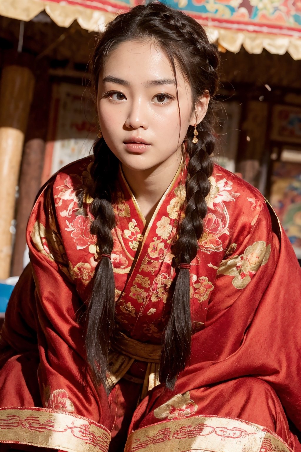 a beautiful traditional ancient portrait of a young attractive asian woman, high resolution image, fair skin, (twin black braided hair), round face, (red rosy cheeks), (red cheeks), chubby cheeks, female model wearing (traditional mongolian clothing), big breasts, thick arms, female model with a relaxed pose, many mongolian yurts in the steppes, Detailedface,realhands,More Detail