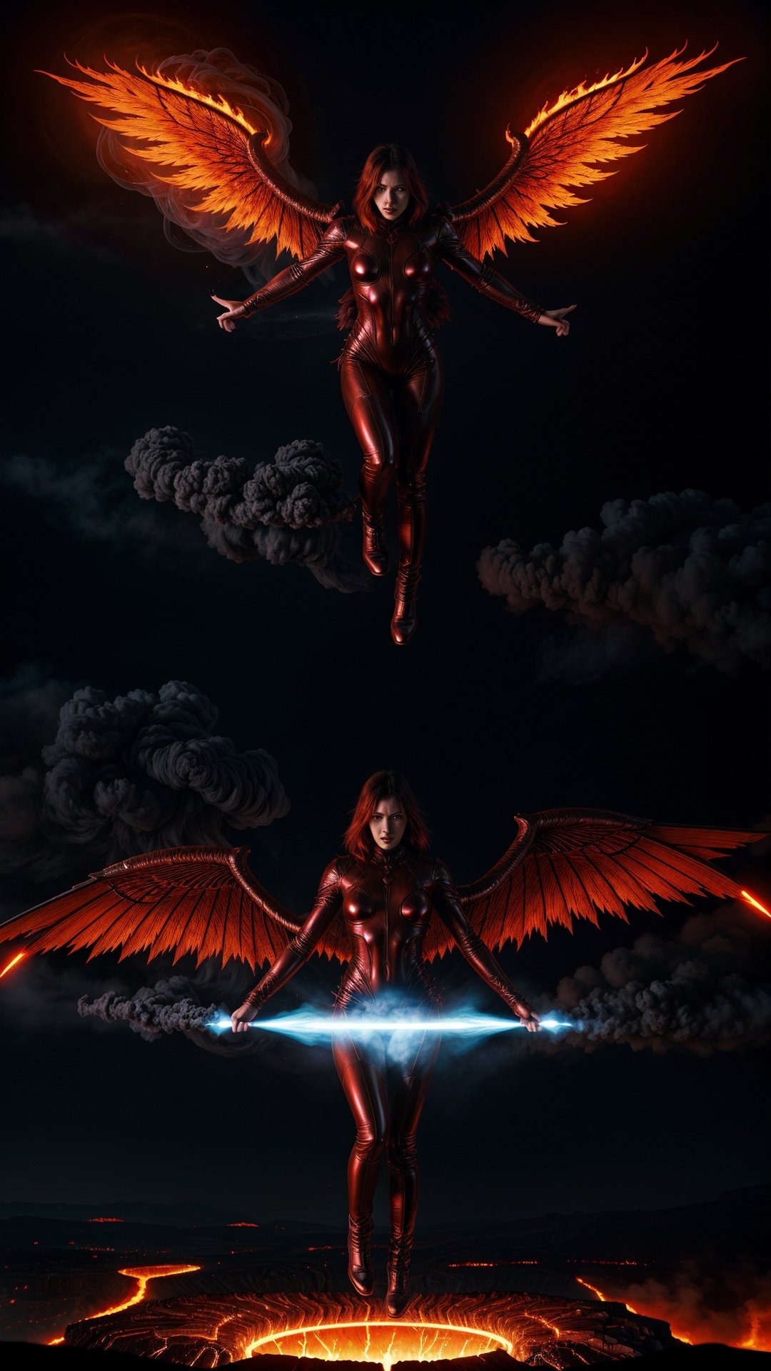 female humanoid entity,  with demon wings,  levitating in the air,  surrounded by lava and smoke,  graphic novel style,  colorized,  Robert Kirkman,  perspective rendering,  fine and detailed,  8k,