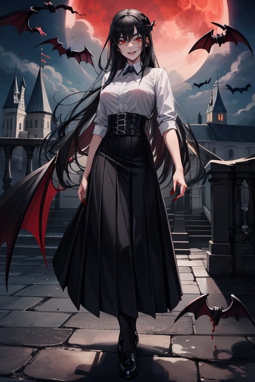 1 girl, black hair ,long straight hair ,red eyes , smile ,laugh , crazy, breasts, confident , full body, face scar, vampire, goth, long nails, claws, thin waist, slim body, blood, black clothes , black long skirt, black school uniform, (((castle))), fullmoon, red moon, night, bats