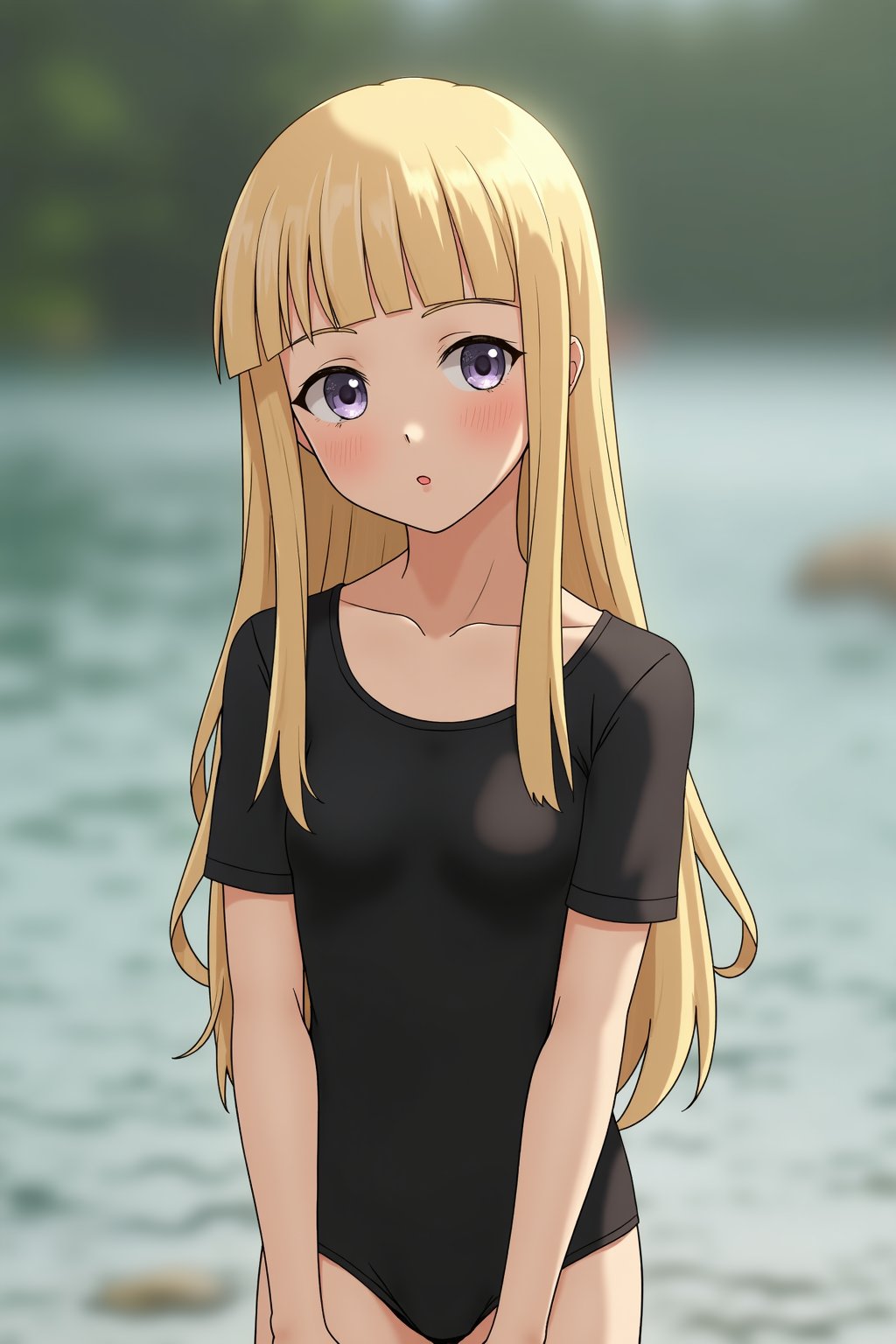 1girl, solo, long hair, flat chest, looking at viewer, blonde hair, standing, leotard, short sleeves, cowboy shot, outdoors, parted lips, water, blurry, lips, leotard, blurry background, realistic, black leotard, photo background, realistic, child