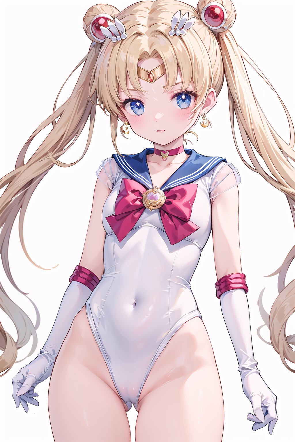 masterpiece, best quality, highres, 1girl, aausagi, double bun, twintails, parted bangs, hair ornament, circlet, jewelry, earrings, choker, red bow, white gloves, elbow gloves, cowboy shot, standing, white leotard, simple_background, blond hair