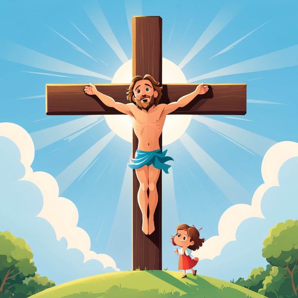 arafed image of a man on a cross with a sky background, a picture by Bernard Meninsky, shutterstock, unilalianism, jesus on the cross, jesus on cross, jesus christ on the cross, crucifixion, crucifix, shadow of the cross, jesus christ, the lord and savior, crucifixion of conor mcgregor, cross, holy,cute cartoon ,Flat vector art,Drawing of a little girl 