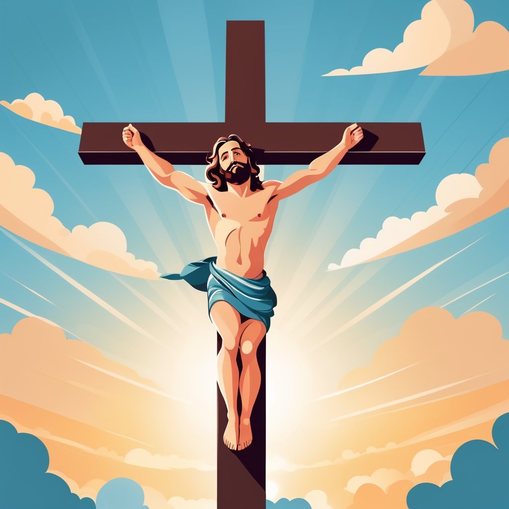 arafed image of a man on a cross with a sky background, a picture by Bernard Meninsky, shutterstock, unilalianism, jesus on the cross, jesus on cross, jesus christ on the cross, crucifixion, crucifix, shadow of the cross, jesus christ, the lord and savior, crucifixion of conor mcgregor, cross, holy,cute cartoon ,Flat vector art,Drawing of a little girl 