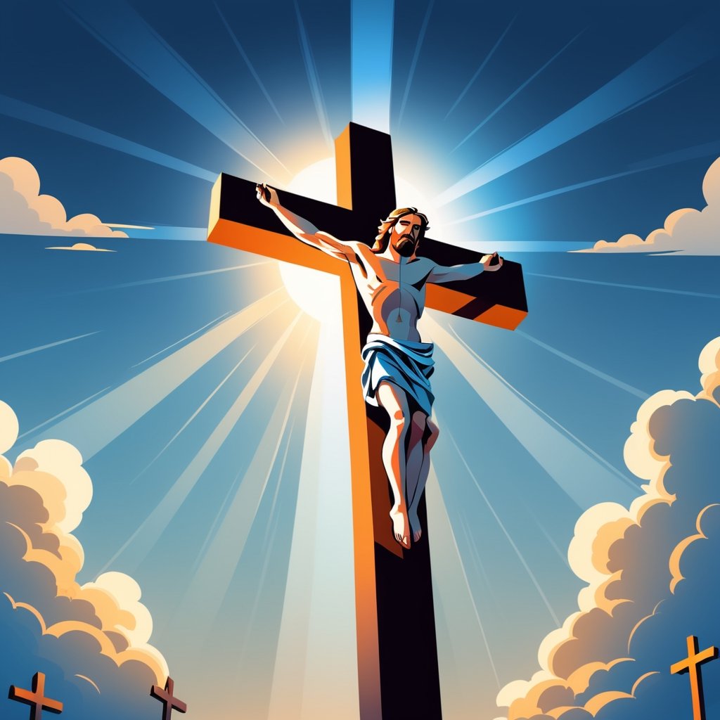 2
arafed image of a man on a cross with a sky background, a picture by Bernard Meninsky, shutterstock, unilalianism, jesus on the cross, jesus on cross, jesus christ on the cross, crucifixion, crucifix, shadow of the cross, jesus christ, the lord and savior, crucifixion of conor mcgregor, cross, holy,cute cartoon ,Flat vector art