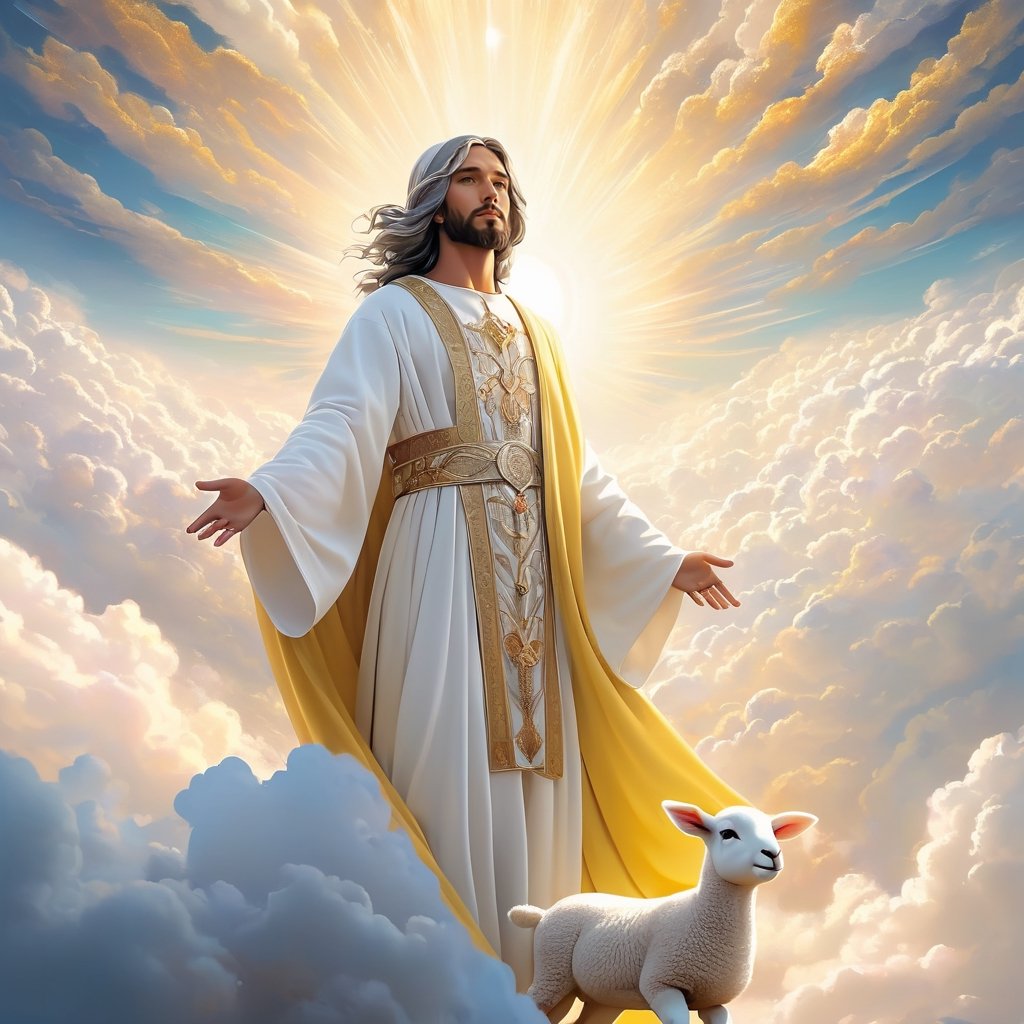 Male figure, background of a sea of clouds, clouds shaped like a throne, Jesus with outstretched arms embracing a little lamb.full body,famale,zen style, still film, cold color, l vibrant and volumetric light (masterpiece, top quality, best quality, official art, beautiful and aesthetic: 1.2), extremely detailed, (abstract, fractal art: 1.3), colorful hair, more detailed, detailed_eyes, 18 year old famale face, 3others, five fingers, perfect hands, anatomically perfect body, (black eyes), (gray hair), very headscarf hair, long white plain dress, white shorts, dynamic angle, depth of field, hyper detailed, highly detailed, beautiful, small details, ultra detailed, best quality, 4k,((full body)), face to jesus,photo r3al,Line Chibi yellow,lineart