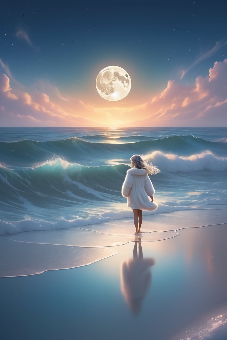 A littler girl in the beach,Jesus is walking on the sea, towards the moon,There is a boat nearby, and males is on the boat. The person on the sea,beautiful harp, male, full body, furry skin, fantasy, subsurface scattering, perfect anatomy, glow, bloom, bioluminescent liquid, zen style, still film, cold color, l vibrant and volumetric light (masterpiece, top quality, best quality, official art, beautiful and aesthetic: 1.2), extremely detailed, (abstract, fractal art: 1.3), colorful hair, more detailed, detailed_eyes, snowing, smoke bubbles, light particles, 33 year old famle face, perfect body, five fingers, perfect hands, anatomically perfect body, sexy posture, (black eyes), (gray hair), very long hair, long white fur sweater dress, white fur shorts, dynamic angle, depth of field, hyper detailed, highly detailed, beautiful, small details, ultra detailed, best quality, 4k,((full body)), face to jesus,photo r3al