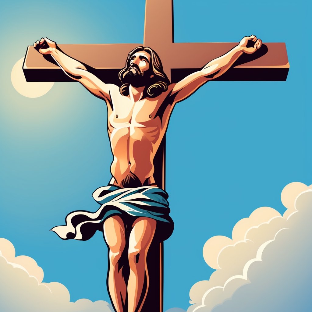 arafed image of a man on a cross with a sky background, a picture by Bernard Meninsky, shutterstock, unilalianism, jesus on the cross, jesus on cross, jesus christ on the cross, crucifixion, crucifix, shadow of the cross, jesus christ, the lord and savior, crucifixion of conor mcgregor, cross, holy,cute cartoon ,Flat vector art,Drawing of a little girl 