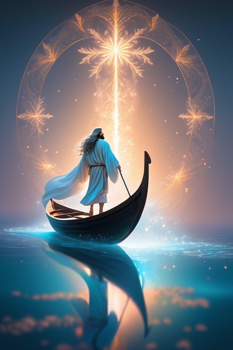 A man in the boat,Jesus is walking on the sea, towards the boat. There is a boat nearby, and males is on the boat. The person on the sea,beautiful harp, male, full body, furry skin, fantasy, subsurface scattering, perfect anatomy, glow, bloom, bioluminescent liquid, zen style, still film, cold color, l vibrant and volumetric light (masterpiece, top quality, best quality, official art, beautiful and aesthetic: 1.2), extremely detailed, (abstract, fractal art: 1.3), colorful hair, more detailed, detailed_eyes, snowing, smoke bubbles, light particles, 33 year old famle face, perfect body, five fingers, perfect hands, anatomically perfect body, sexy posture, (black eyes), (gray hair), very long hair, long white fur sweater dress, white fur shorts, dynamic angle, depth of field, hyper detailed, highly detailed, beautiful, small details, ultra detailed, best quality, 4k,((full body)), face to jesus,photo r3al