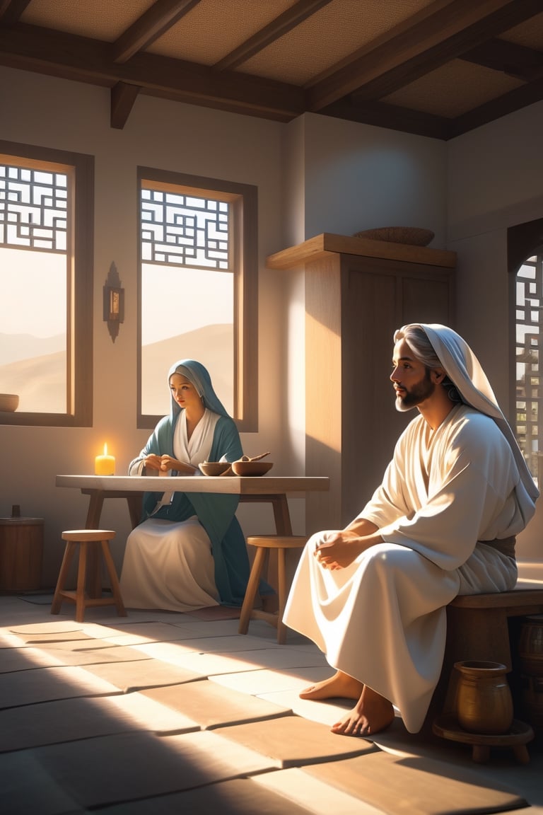 Two persons, Jesus sat on a stool in the cozy home, and in front of Him, there was a woman dressed in simple attire seated on the ground, attentively listening to His teachings, Another woman is busy in the kitchen,male,zen style, still film, cold color, l vibrant and volumetric light (masterpiece, top quality, best quality, official art, beautiful and aesthetic: 1.2), extremely detailed, (abstract, fractal art: 1.3), colorful hair, more detailed, detailed_eyes, 33 year old famale face, perfect body, five fingers, perfect hands, anatomically perfect body, (black eyes), (gray hair), headscarf hair, long white plain dress, white shorts, dynamic angle, depth of field, hyper detailed, highly detailed, beautiful, small details, ultra detailed, best quality, 4k,((full body)), face to jesus,photo r3al