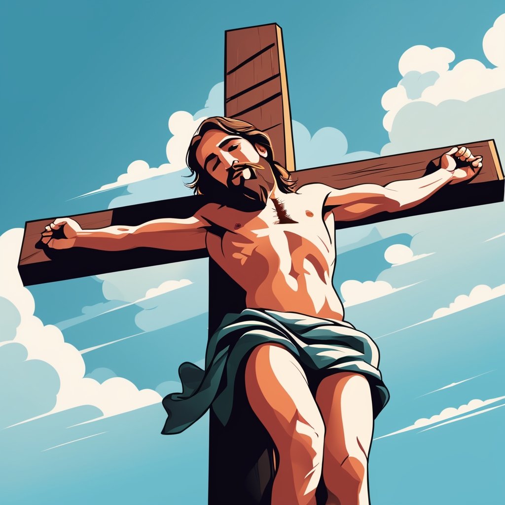 arafed image of a man on a cross with a sky background, a picture by Bernard Meninsky, shutterstock, unilalianism, jesus on the cross, jesus on cross, jesus christ on the cross, crucifixion, crucifix, shadow of the cross, jesus christ, the lord and savior, crucifixion of conor mcgregor, cross, holy,cute cartoon ,Flat vector art,Drawing of a little girl 