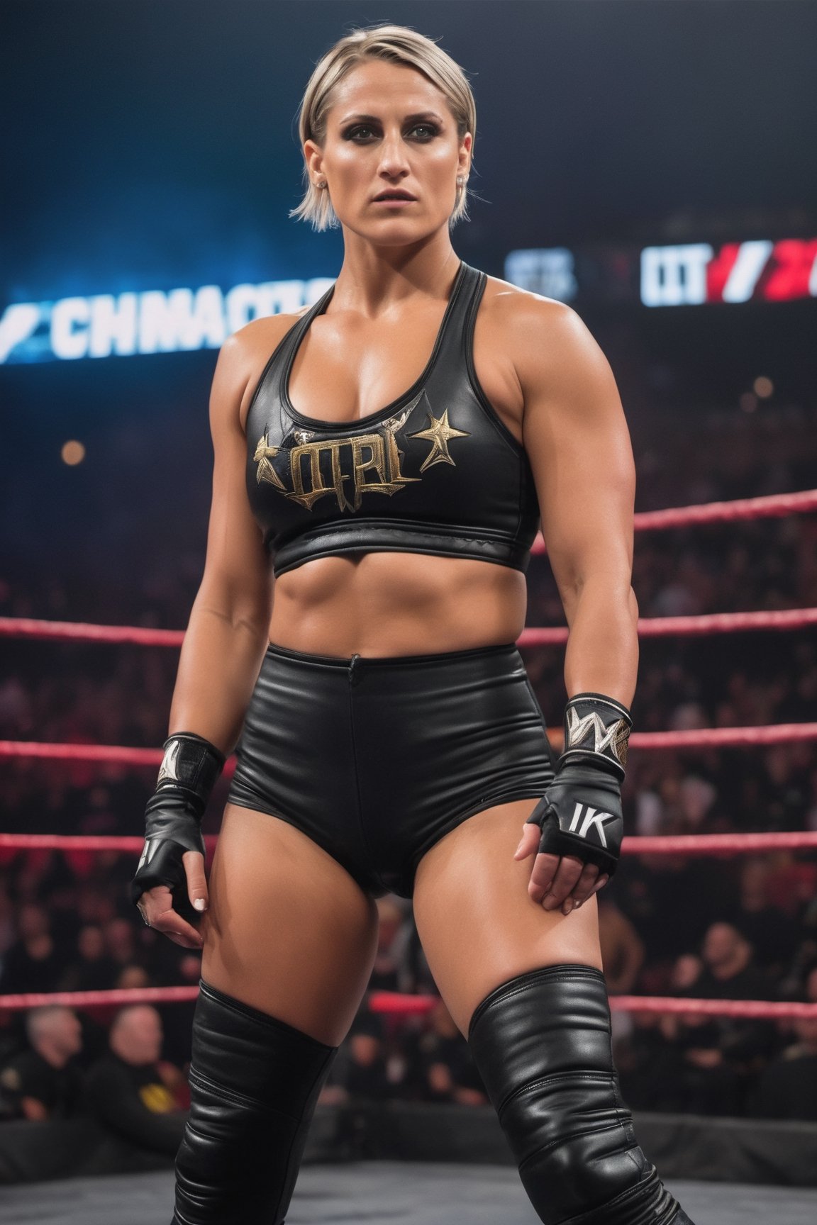 photograph full body of (Goth) Rhea Ripley, Wrestling, WWE, serious, stoic cinematic 4k epic detailed 4k epic detailed photograph shot on kodak detailed bokeh cinematic hbo dark moody, nsfw, highleg, naturally sagging breasts, 