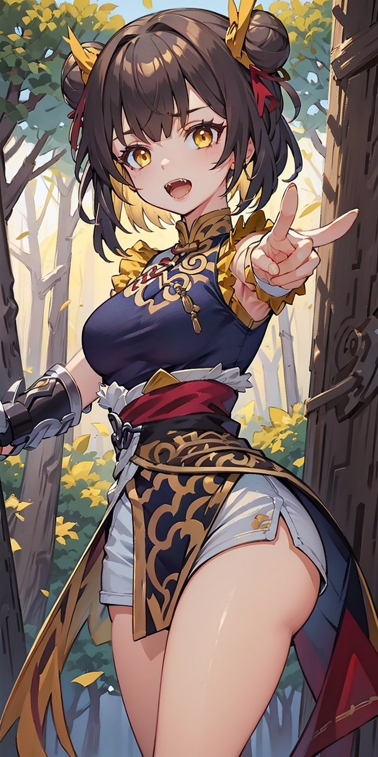 beautiful girl open mouth, medium black hair exercise perfect breasts extreme short hair, paint on face, FUJI hair band yellow eyes yellow hair, fangs, forest background, pointing at the viewer,IncrsSakanaMeme