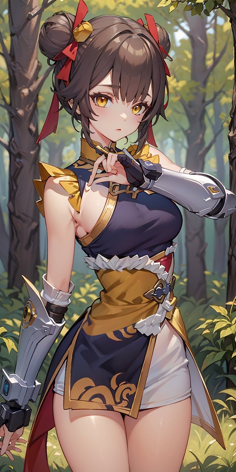 beautiful girl naked black hair in the middle of the journey perfect breasts extreme short hair FUJI ribbon hair paint on the cheeks, yellow eyes yellow hair, mid the journey, mecha musume, as real as the Crossbow of Tang, forest background, aiming at the audience,