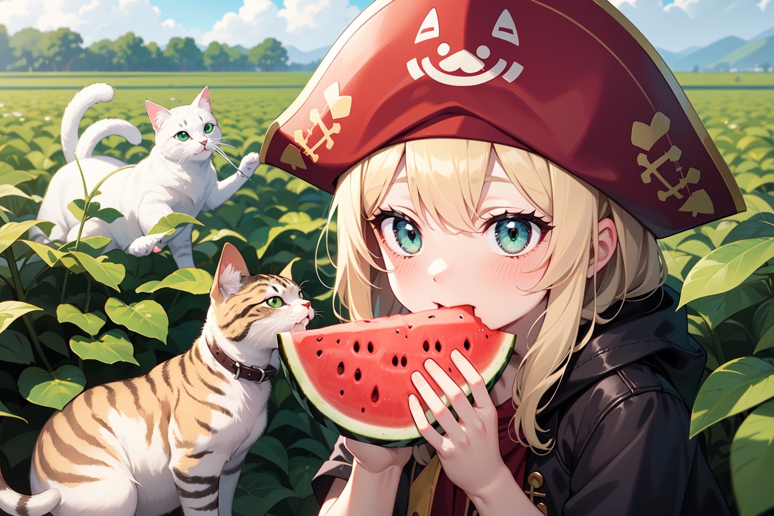 a cream-colored cat wearing a pirate hat with a pink nose and emerald eyes is eating a piece of watermelon in a watermelon field