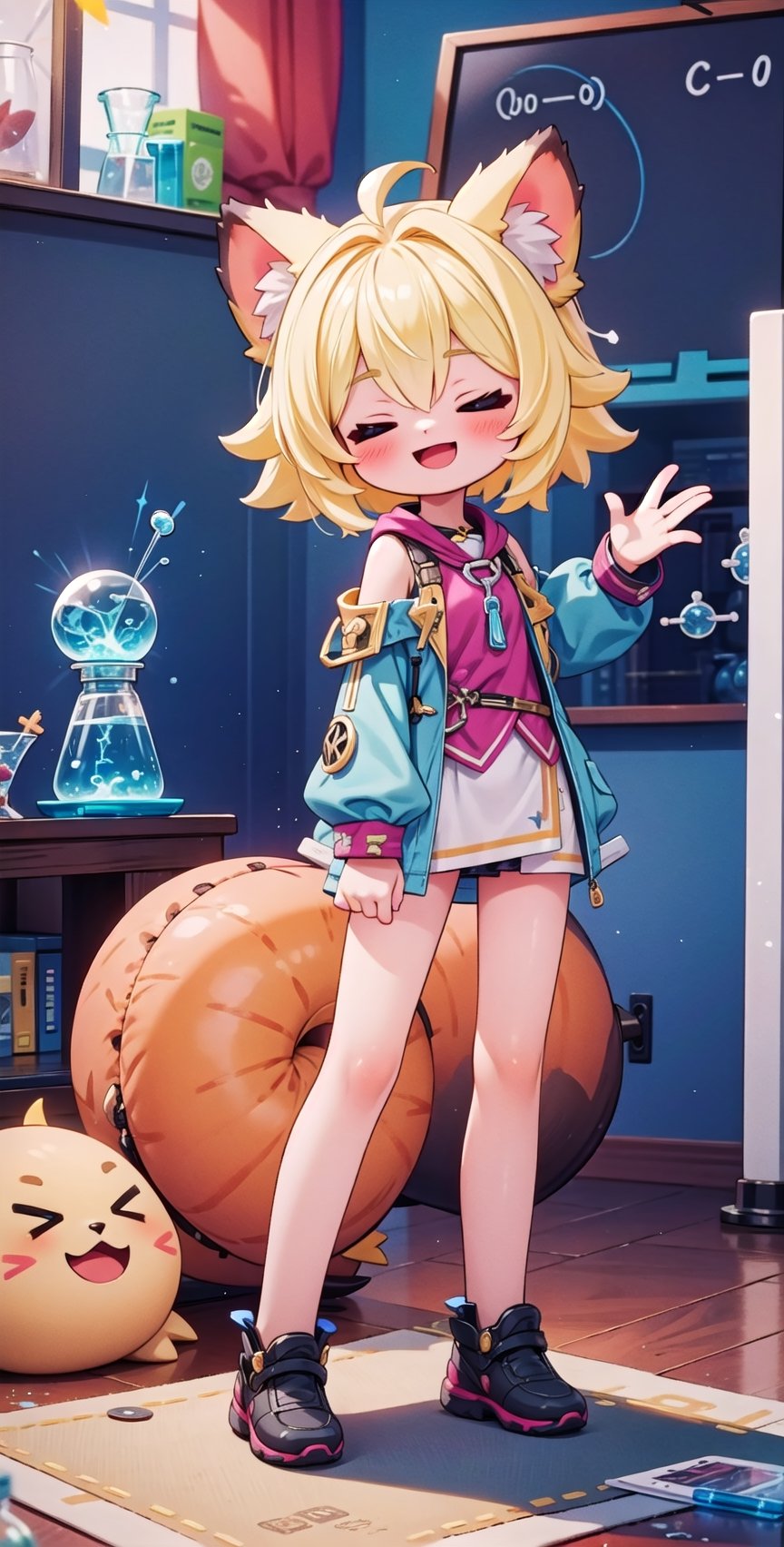 (masterpiece), (science fiction:1.4), light particles, 1girl, medium hair, sidelock, yellow hair, closed eyes, cat ears, happy pose, smiling posture, joyml,(>_<:1)