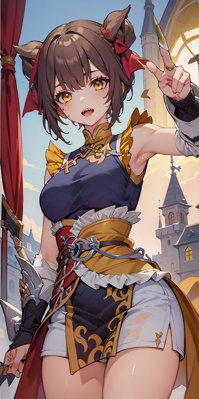 beautiful dreamy girl, medium black hair exercise perfect breasts extreme short hair, paint on the cheeks, FUJI hair ribbon yellow eyes yellow hair, canine teeth, Crossbow of Tang weapons, background in the castle, pointing to the audience,