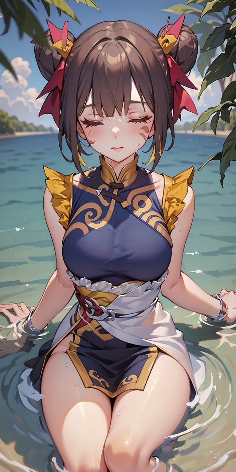 beautiful girl black hair perfect breasts extreme short hair, paint on face, hair ribbon, closed eyes, yellow hair, sitting in lake water, water vapor, sweating, wearing pink towel