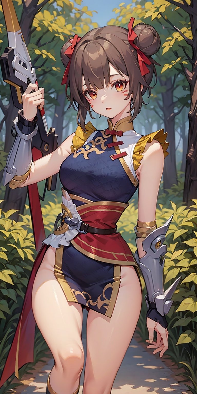 beautiful girl black hair naked in the middle of the journey perfect breasts extreme short hair FUJI hair ribbon face paint red eyes yellow hair, mid the journey, mecha musume, as real as the Crossbow of Tang, forest background, aiming at the trees,