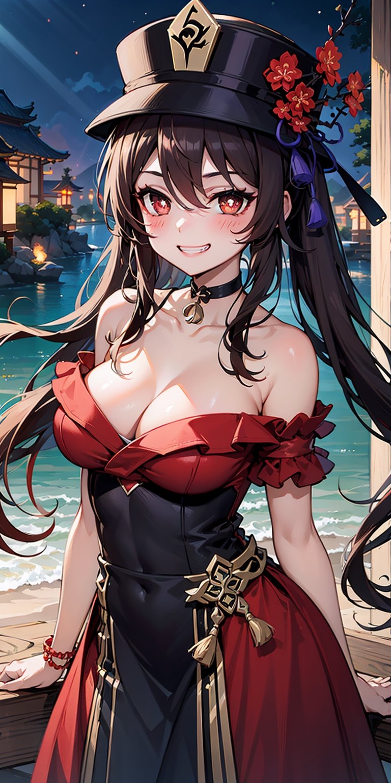 1girl, hu tao (genshin impact), hat, flower on hat, brown hair, twintails, smile, dress, long hair, off-shoulder dress, ahoge, looking at viewer, red dress, bare shoulders, grin, red eyes, Japanese outfit , ponytail, white hair, purple eyes, magic circle, blue flame, blue fire, wallpaper, landscape, blood, blood splashes, depth of field, night, light particles, light rays, sidelightingflower-shaped pupils, blush, bangs, breasts , choker, collarbone, solo, nail polish, black nails, choker ribbons, bows, hair between the eyes, hair ornaments, sidelocks, cleavage, wrist bands, very long hair,