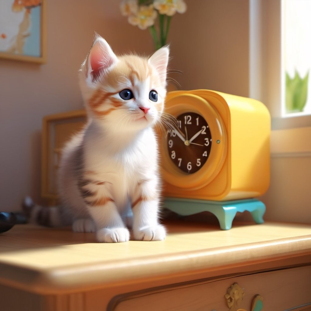 kitten playing in room, digital rendering, by Goro Fujita, Shutterstock, in room, clock on mini dresser, super cute, stock photo, NYFlowerGirl, Xxmix_Catecat, sticker, F41Arm0rXL,Leonardo Style