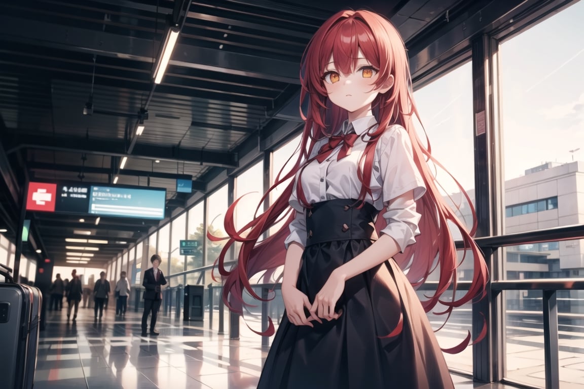 vibrant colors, masterpiece, sharp focus, best quality, depth of field, cinematic lighting, (illustration, 8k CG, extremely detailed), masterpiece, ultra-detailed, (solo),1 girl around 18 years old , tall, long hair, red hair, orange eyes,dress in highschool  ,calm,  standing, background in airport