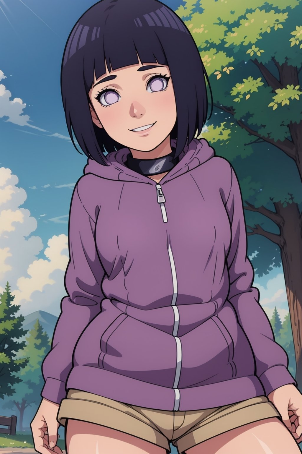 1girl, solo, perspective from below, looking at viewer, short hair, bangs, black hair, long sleeves, purple eyes, thighs, shorts, outdoors, hood, blunt bangs, short shorts, hoodie, hood down, brown shorts, pink hoodie, hyuuga hinata,hinata(boruto) ,perfect light,hyuuga hinata ,smile,Details++,