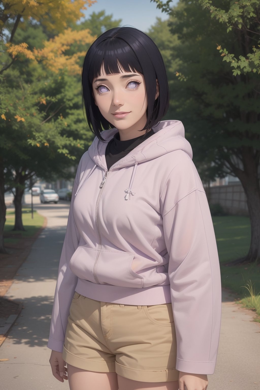 1girl, solo, perspective from below, looking at viewer, short hair, bangs, black hair, long sleeves, purple eyes, thighs, shorts, outdoors, hood, blunt bangs, short shorts, hoodie, hood down, brown shorts, pink hoodie, hyuuga hinata,hinata(boruto) ,perfect light,hyuuga hinata ,smile,Details++,