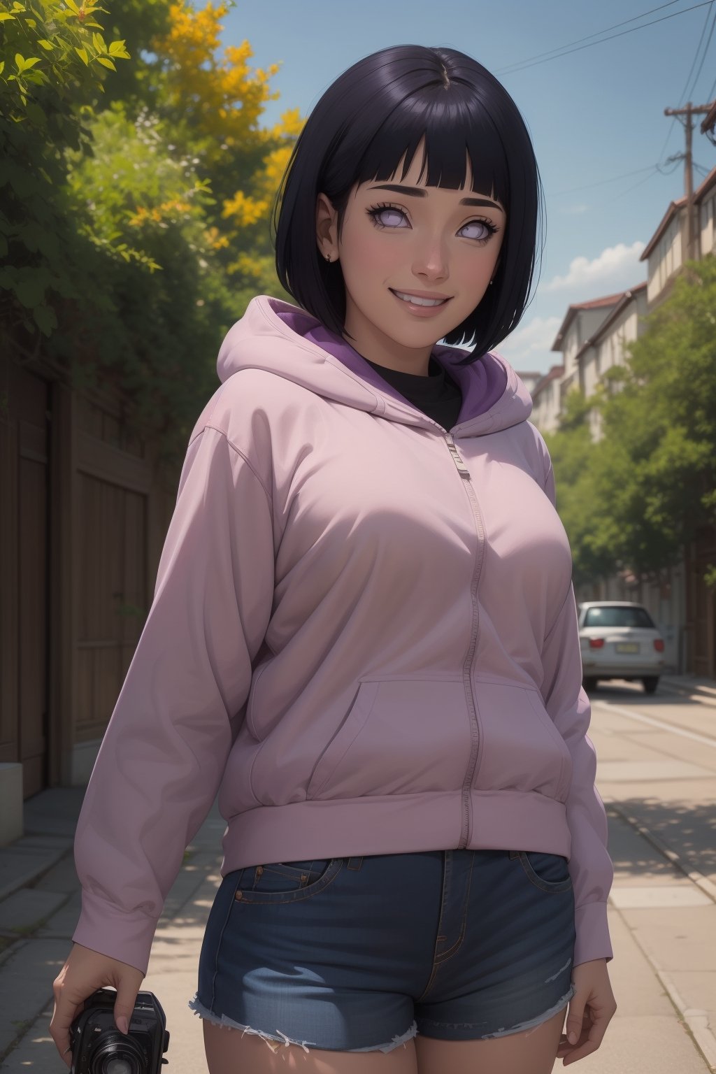 1girl, solo,Camera perspective from below, looking at viewer, smile, short hair, bangs, black hair, long sleeves, purple eyes, thighs, shorts, outdoors, hood, blunt bangs, short shorts, hoodie, hood down, brown shorts, pink hoodie, hyuuga hinata,hinata(boruto) ,perfect light,hyuuga hinata ,smile,Details++,